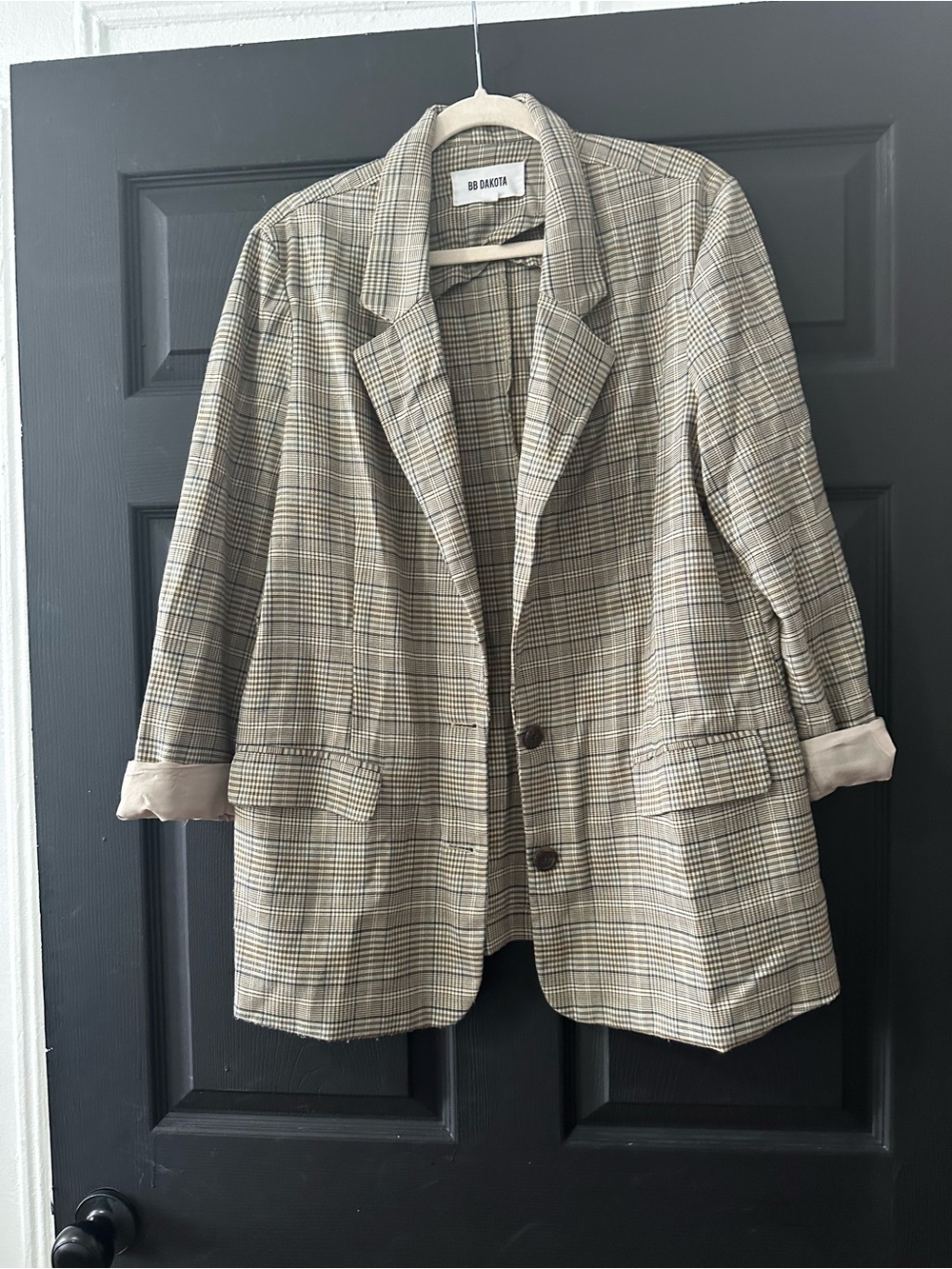 BB Dakota Beige Plaid Blazer with Subtle Black Checks
